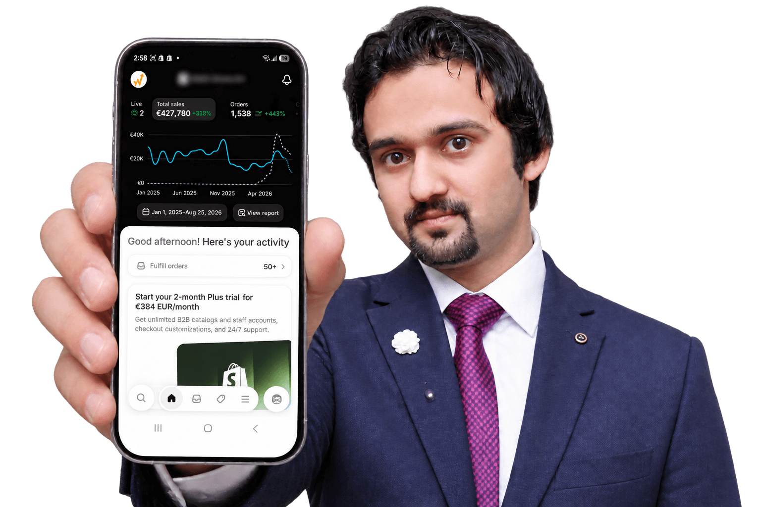 Manufacturer holding a live GrowMore sales dashboard