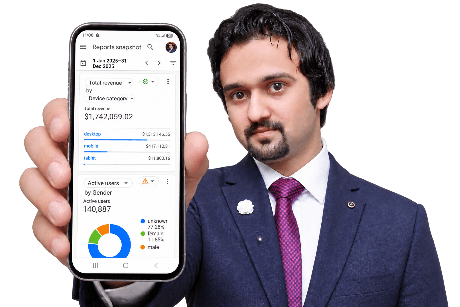 Service provider reviewing a live GrowMore growth-system dashboard